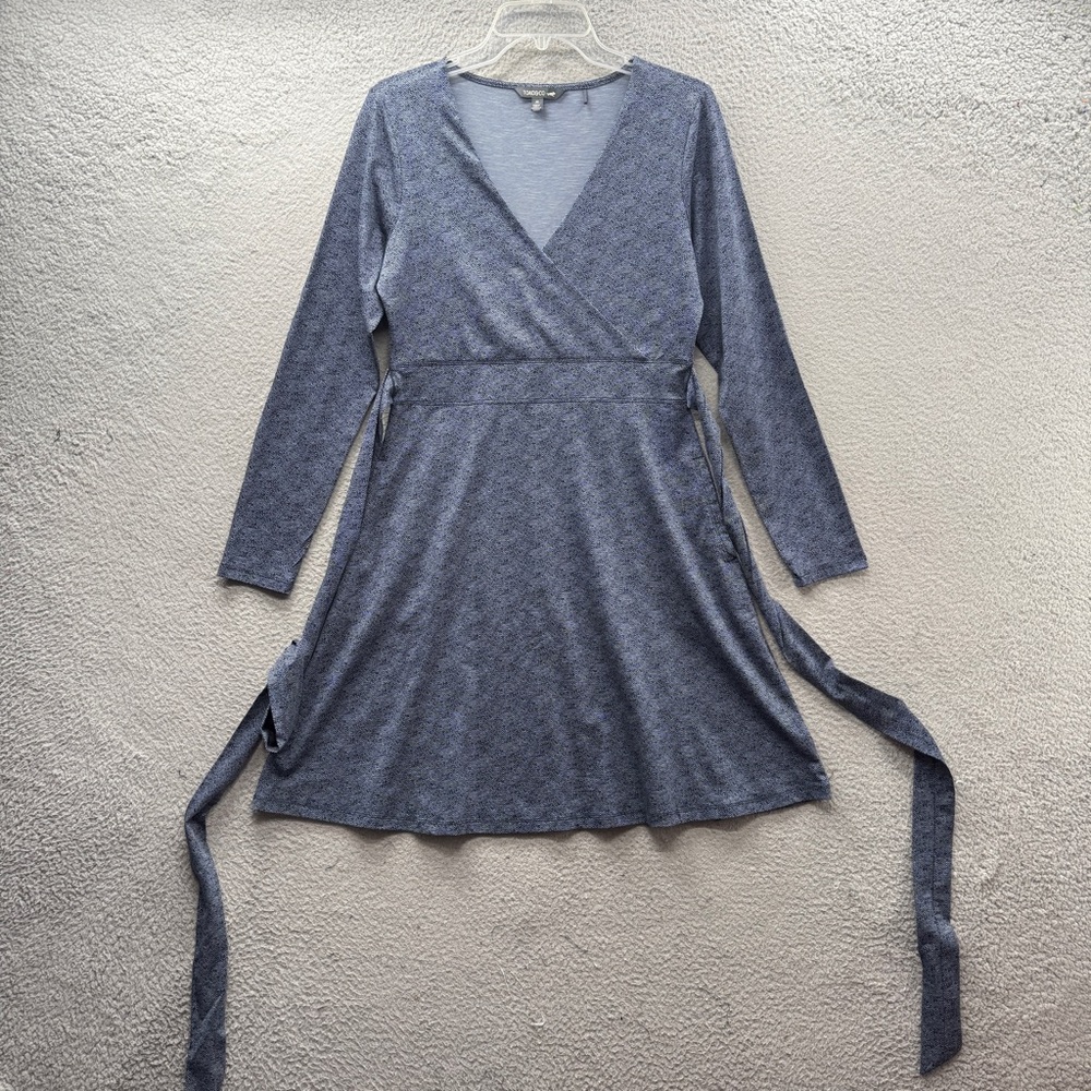 Toad & Co Dress Faux Wrap Cafe Blue Stretch Pockets Belted 1/2 Sleeve Women’s M